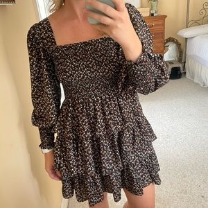 Size M Square neck black and floral ruffle dress
